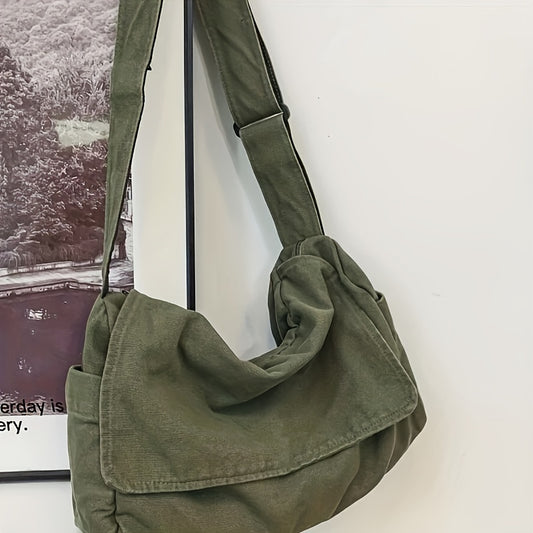 Men's Simple Canvas Messenger Bag, Large Capacity Crossbody Bag, Trendy Student Flap Shoulder Bag