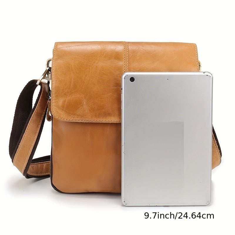 Genuine Leather Messenger Bag, Vintage Small Crossbody Shoulder Bag, Multifunctional Flap Bag Casual Purse For Men, Fit 9.7 Inch Tablet