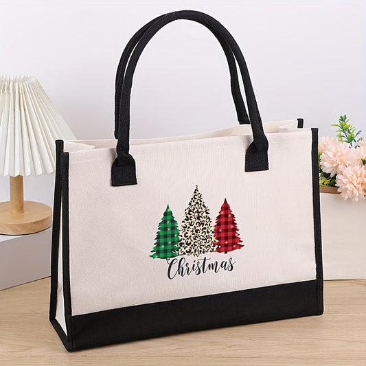 Canvas Tote Bag Christmas Tree Handbag, Large Capacity Handbag Beach Shopping Handbag For Travel Beach Vacation
