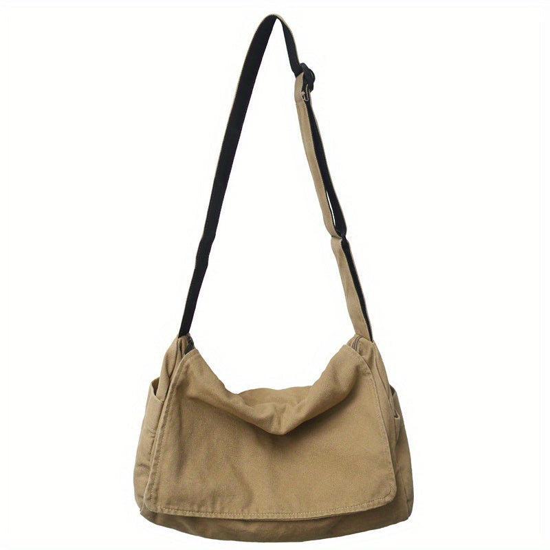 Men's Simple Canvas Messenger Bag, Large Capacity Crossbody Bag, Trendy Student Flap Shoulder Bag